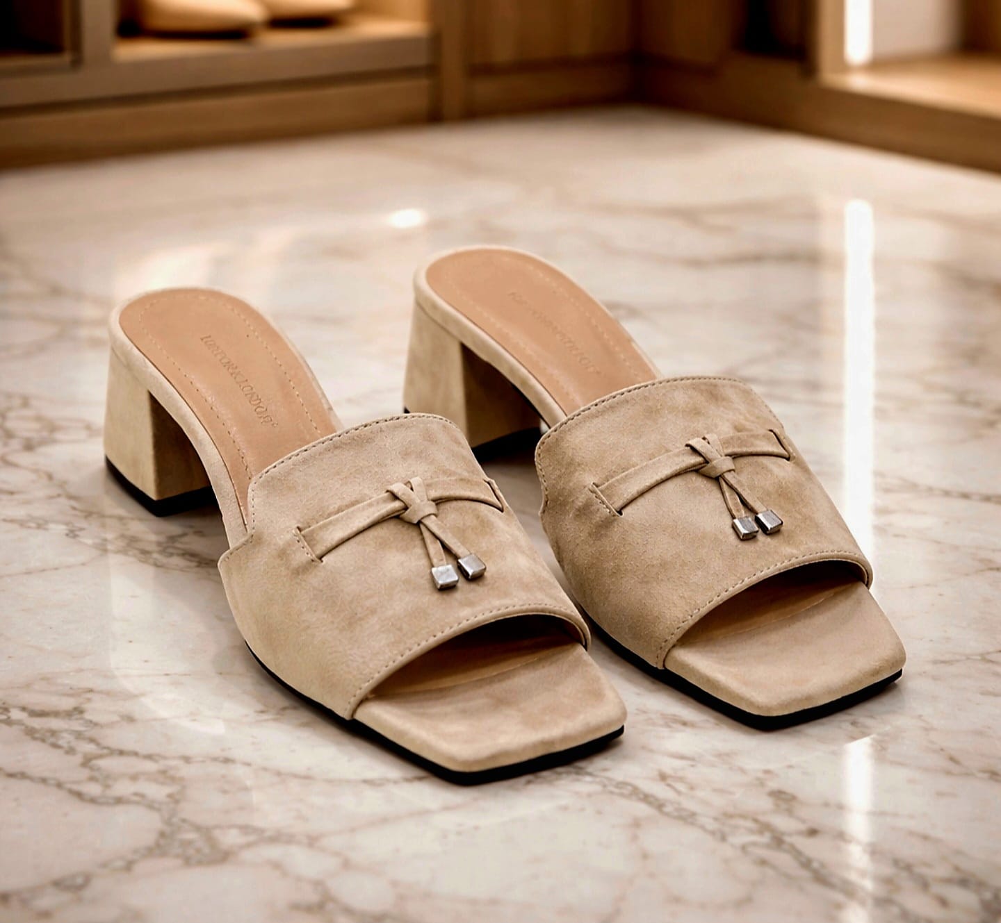 6.5cm Suede Beige Block Heel Mules