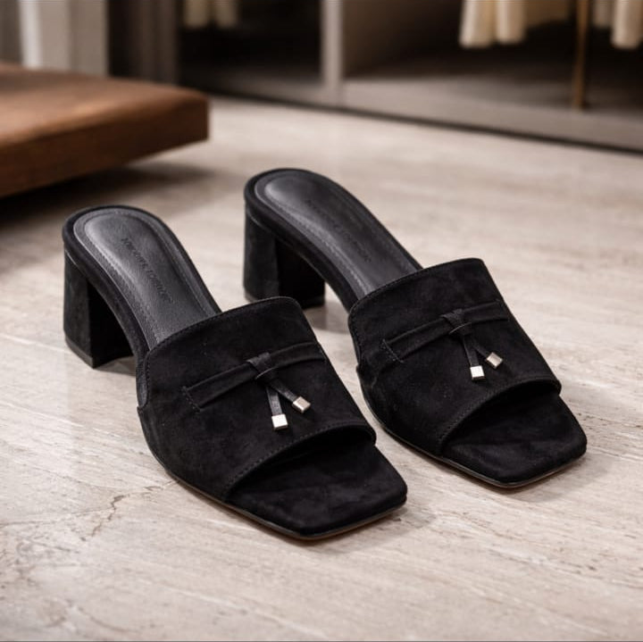 6.5cm Suede Black Block Heel Mules