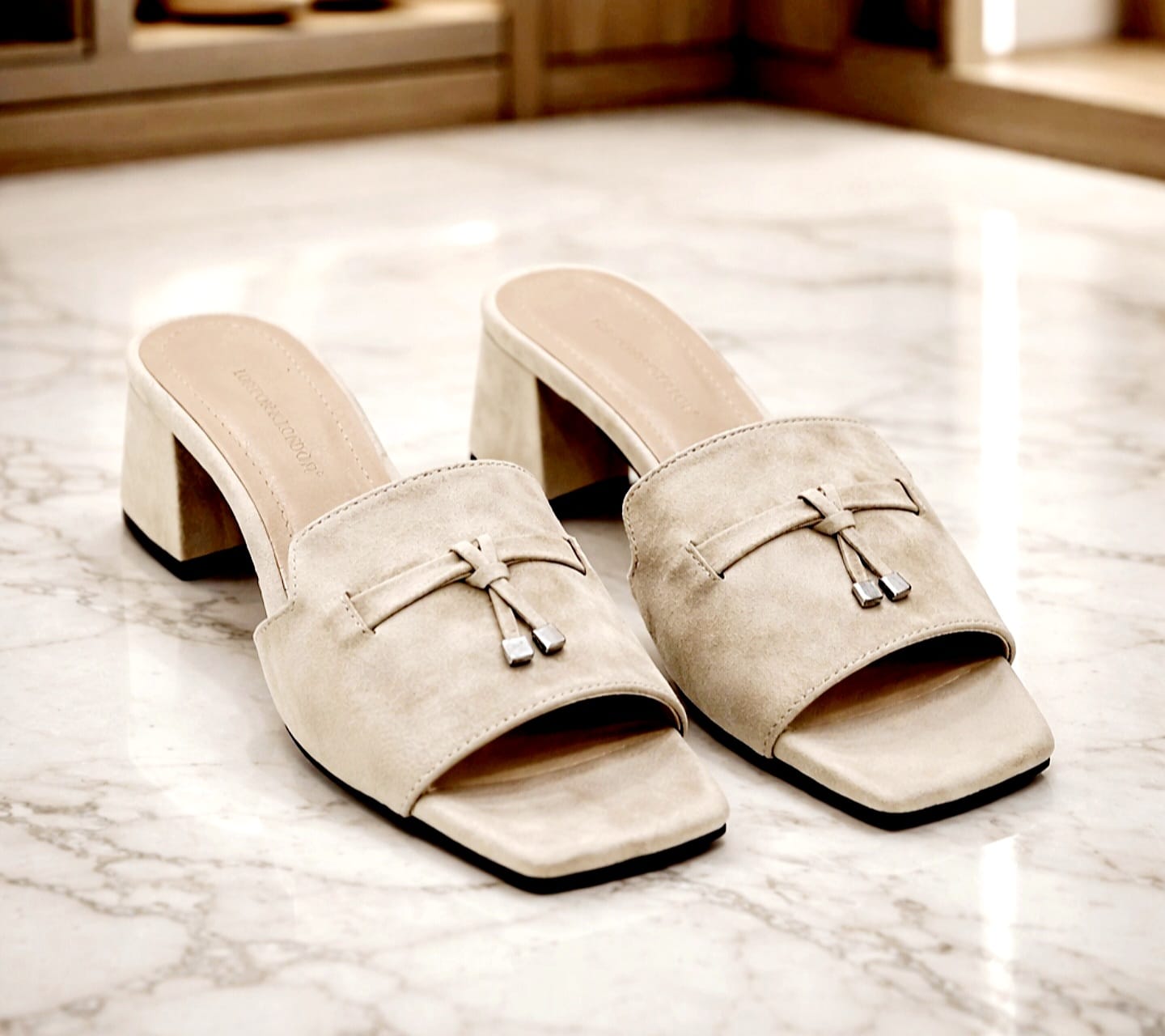6.5cm Suede ecru Block Heel Mules