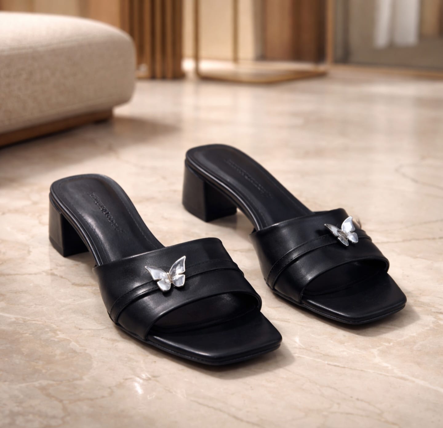 4.5cm Black Heel Mules