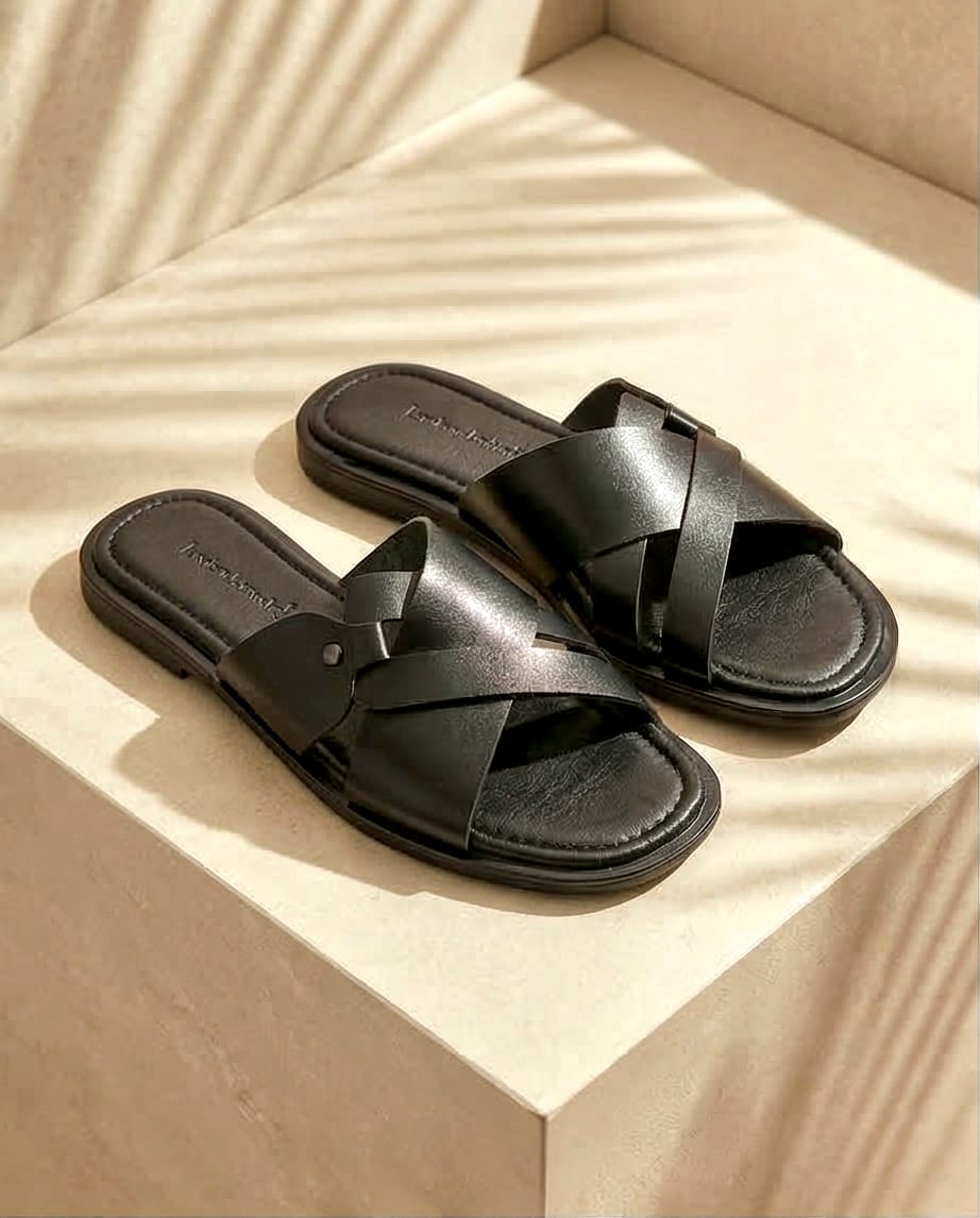Black Leather Slides