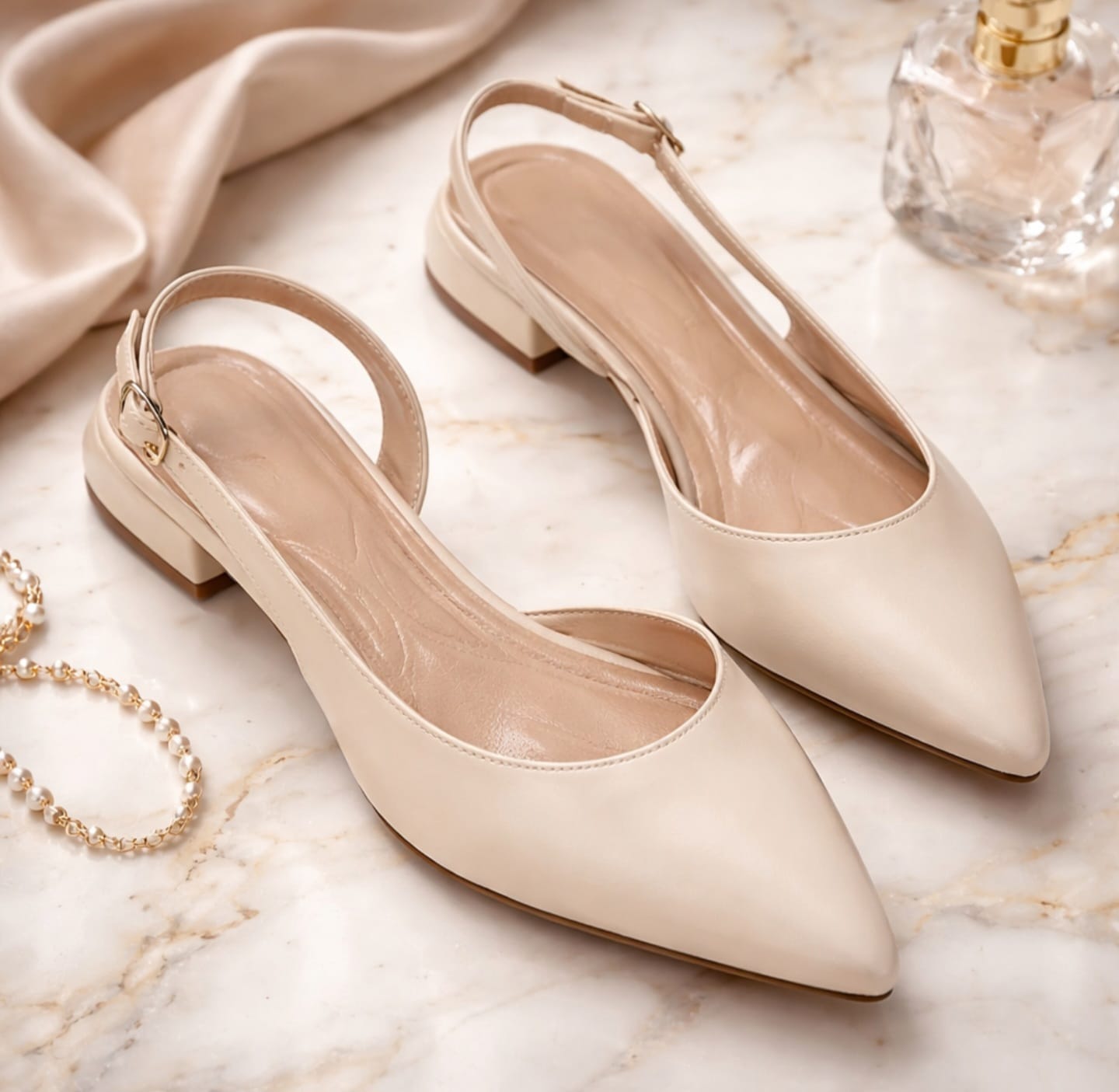Pointed Beige Toe Slingback Flats