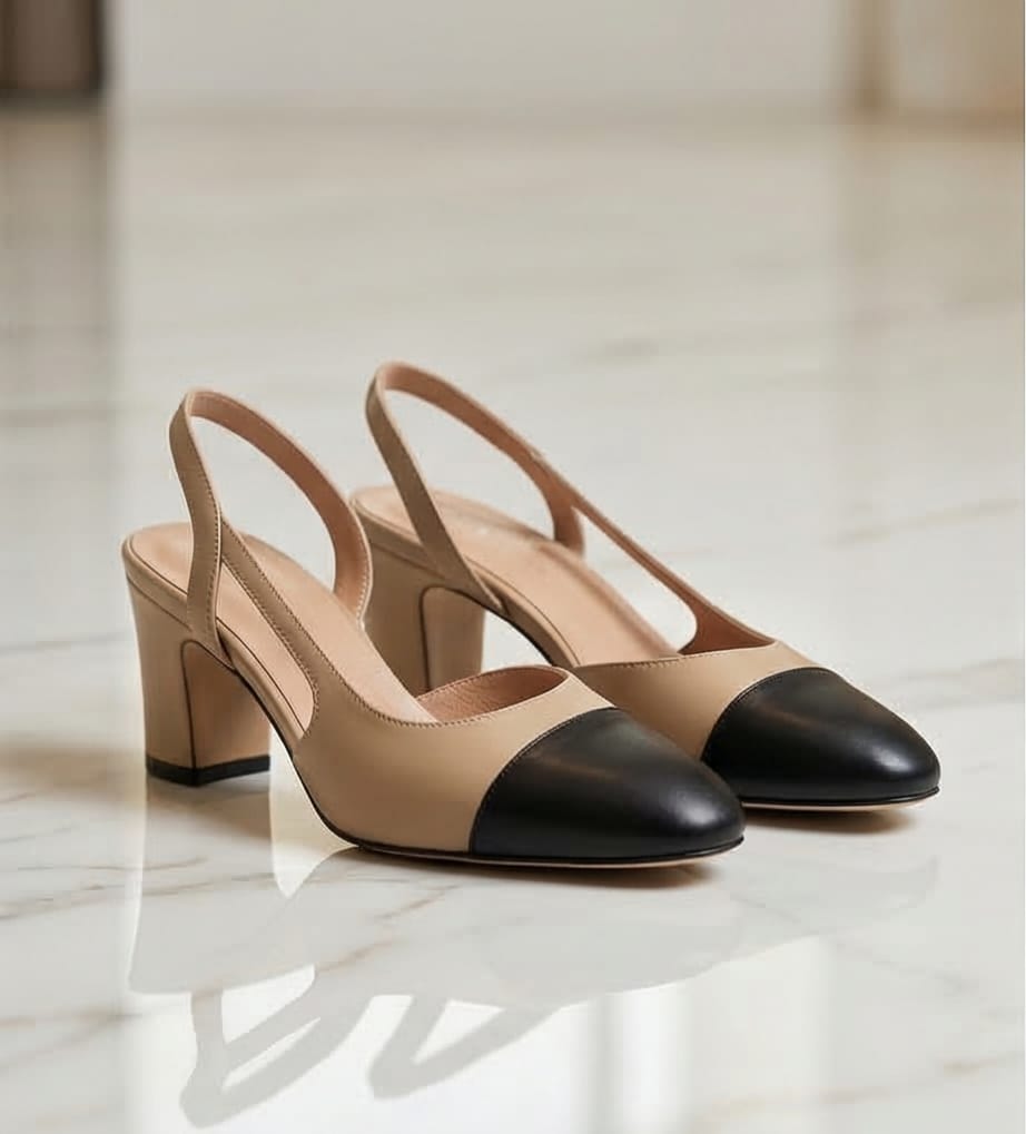 7cm Beige Leather Cap-Toe Slingback