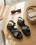 3cm Black Leather Wedge Sandals