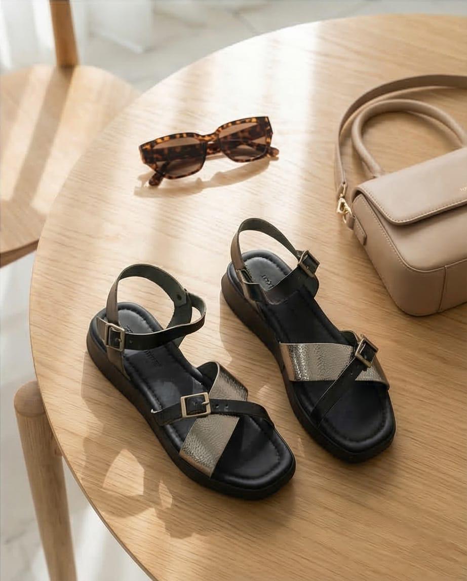 3cm Black Leather Wedge Sandals
