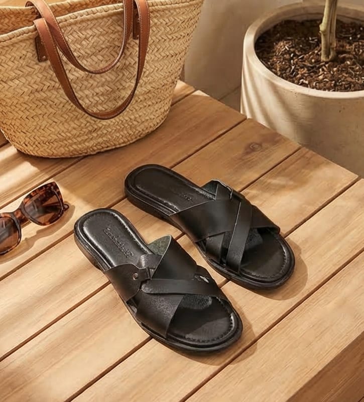 Black Leather Slides