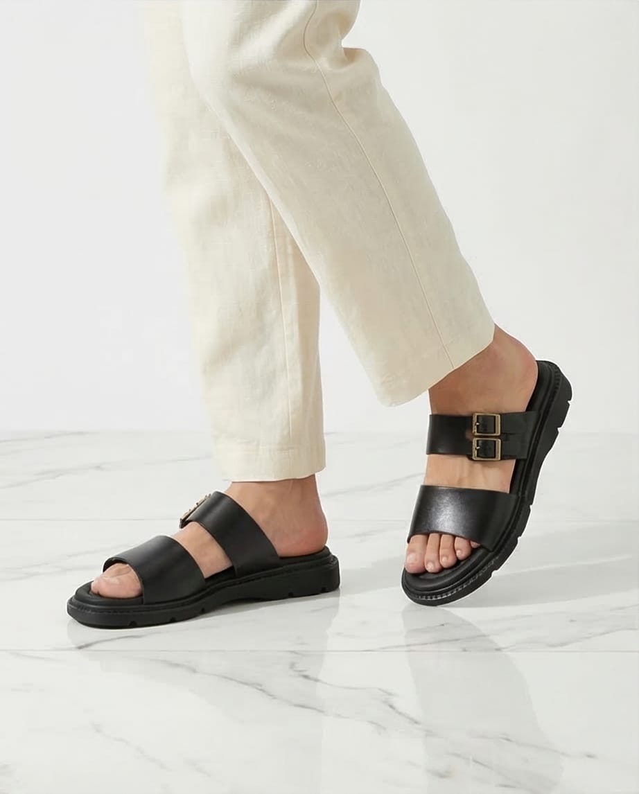 Black Leather Slides