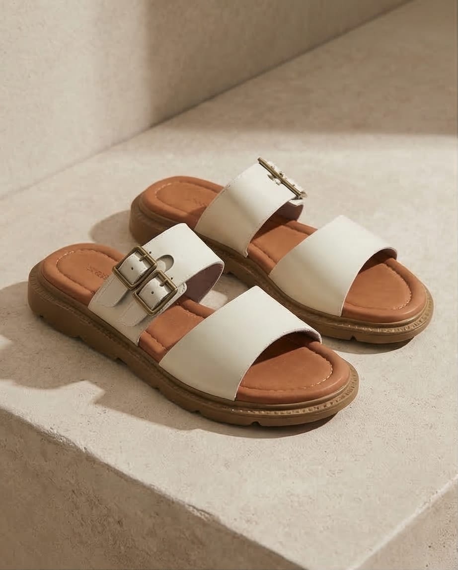 Beige Leather Slides
