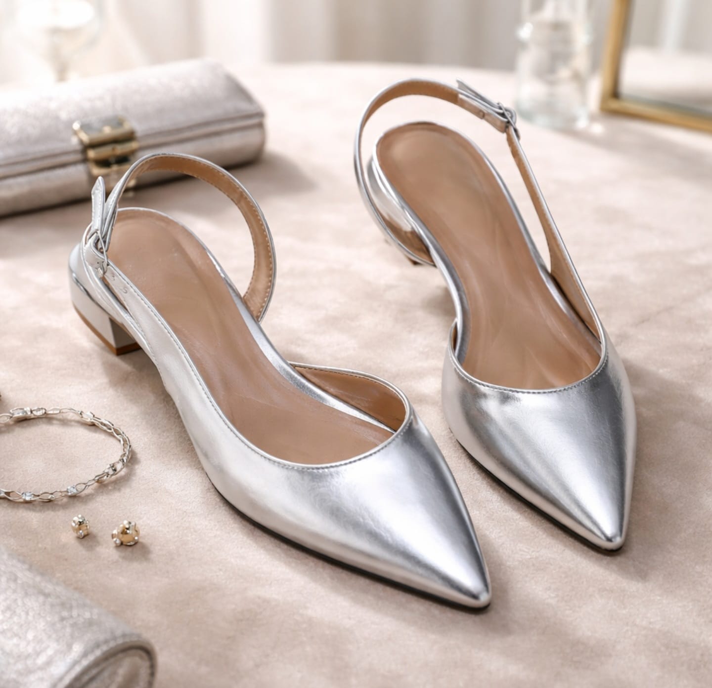 Pointed Silver Toe Slingback Flats