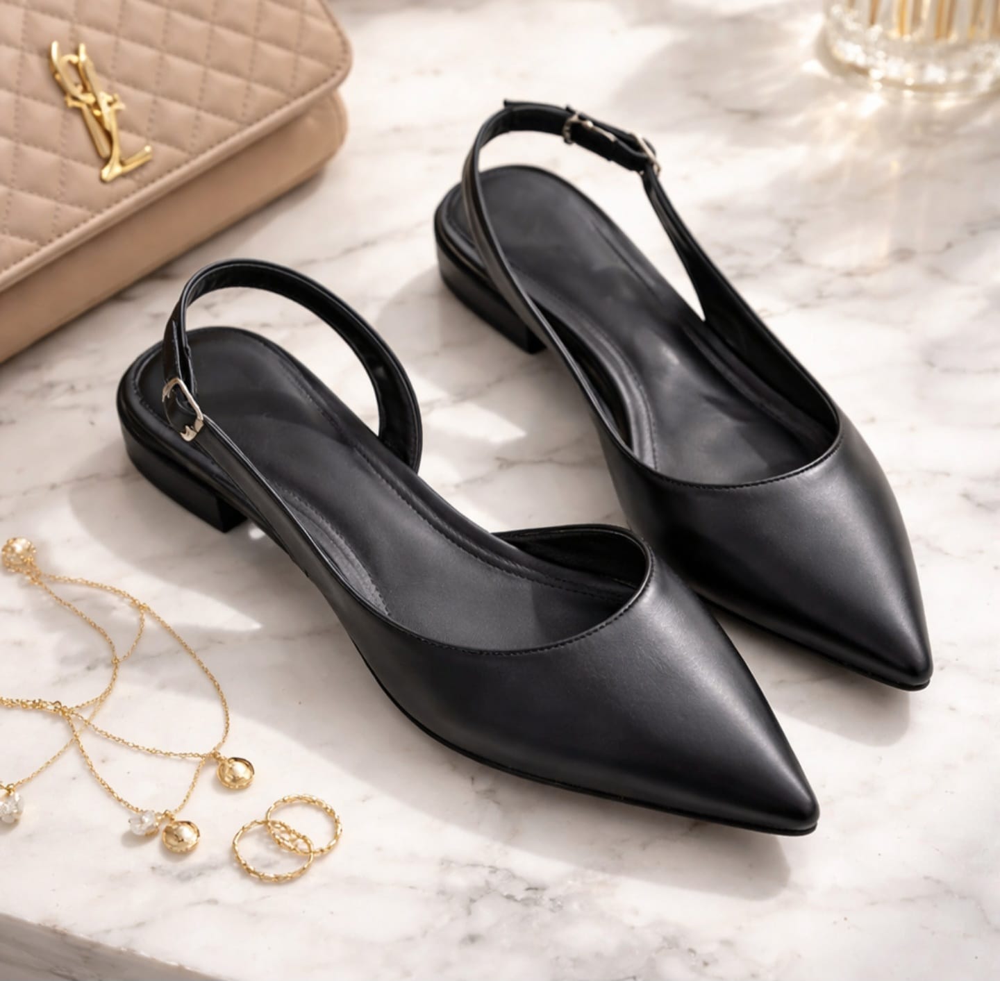 Pointed Black Toe Slingback Flats
