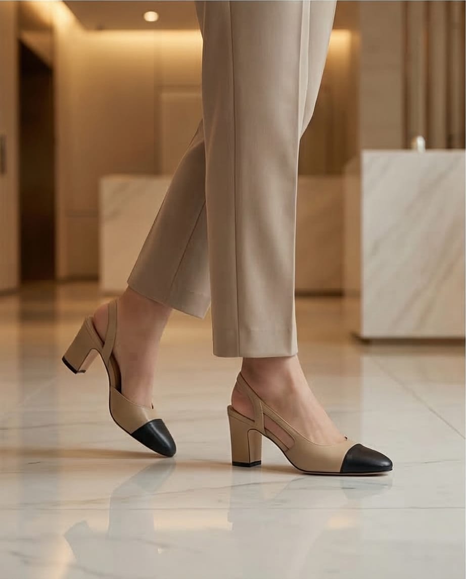 7cm Beige Leather Cap-Toe Slingback