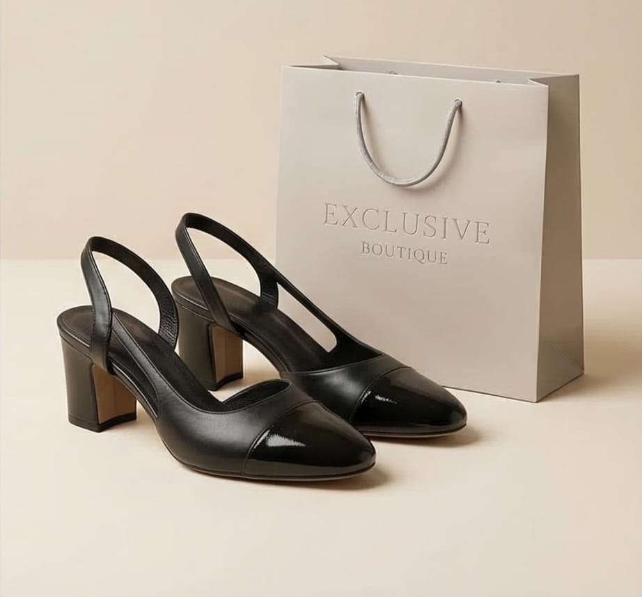 7cm Black Leather Cap-Toe Slingback