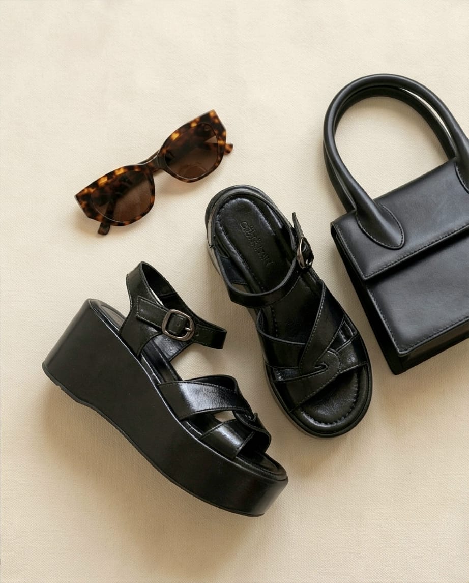8cm Platform Black Wedge Sandals