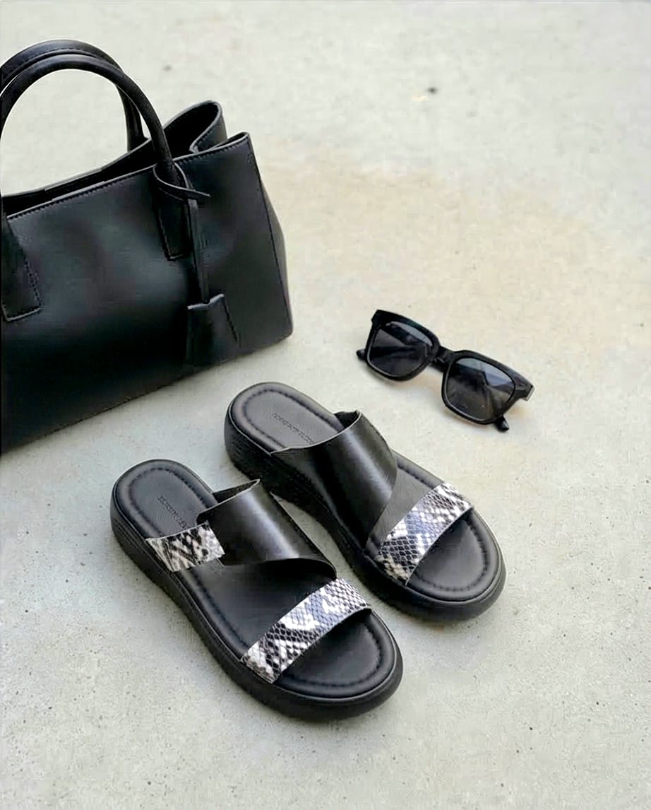 4cm Leather Snake Print Wedge Slides