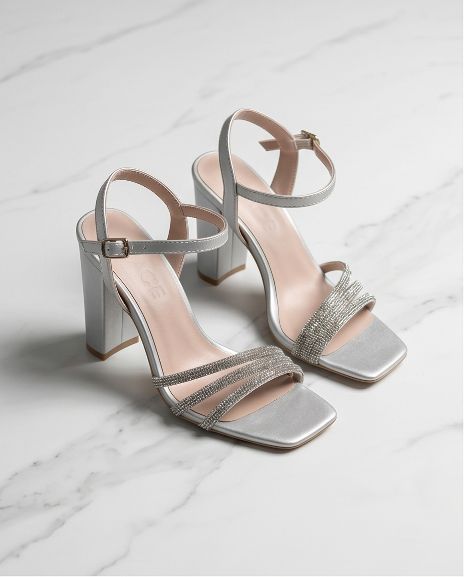 9cm block heel strass champagne sandals