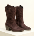 Monroe Lace Western suede boots with pointed toes and low heels, showcasing tan color and stitched leather accents.