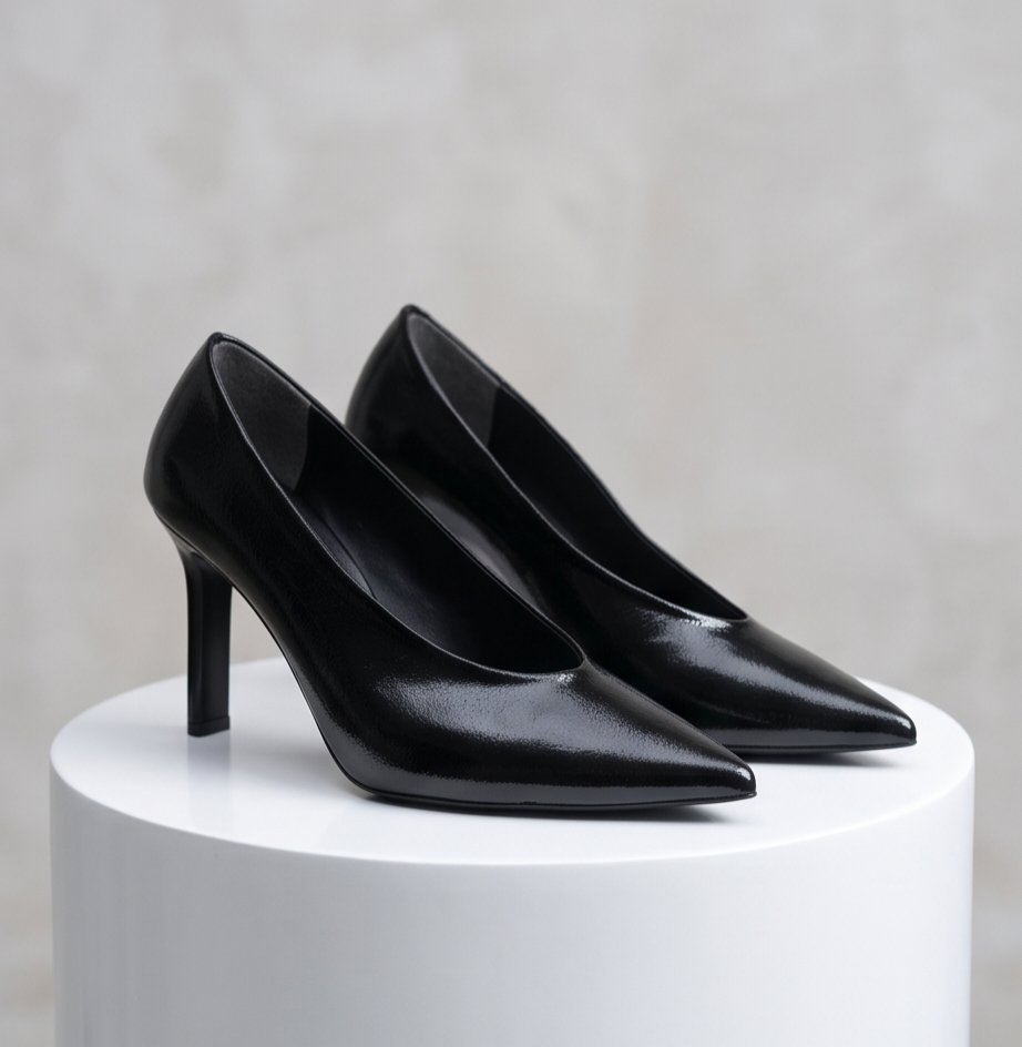 Black 9cm stiletto heel from Monroe Lace featuring sleek design and pointed toe, perfect for elegant footwear.