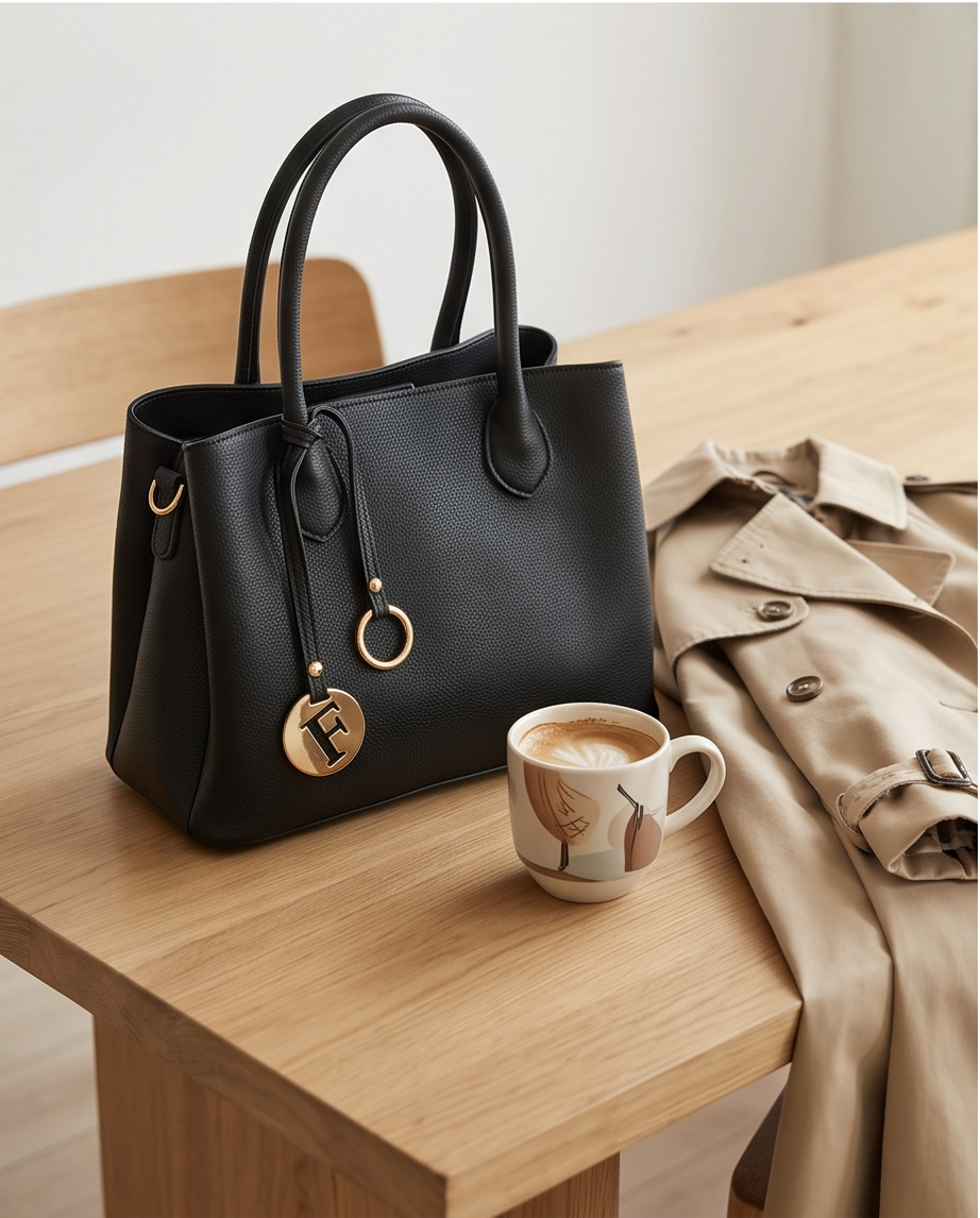 Large black Monroe Lace handbag with three compartments, showing the spacious design and sleek leather exterior.