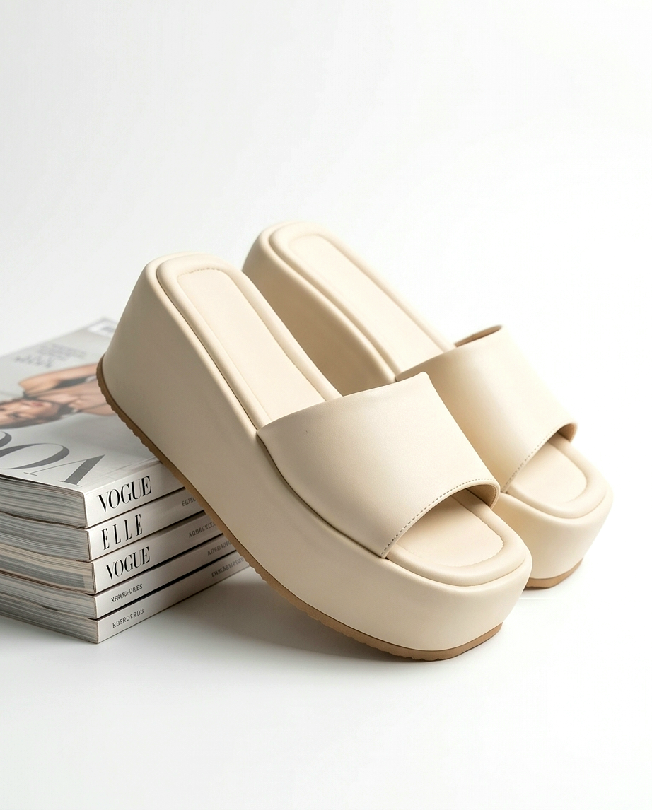 7.5cm height beige wedge slides