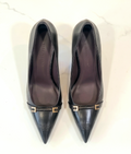 Elegant Monroe Lace 9cm heel stilettos with smooth black leather and a pointed toe, perfect for formal occasions.