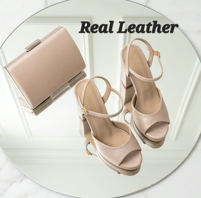 Rosewood platform sandals with 12cm heels by Monroe Lace, featuring open-toe design and ankle straps.