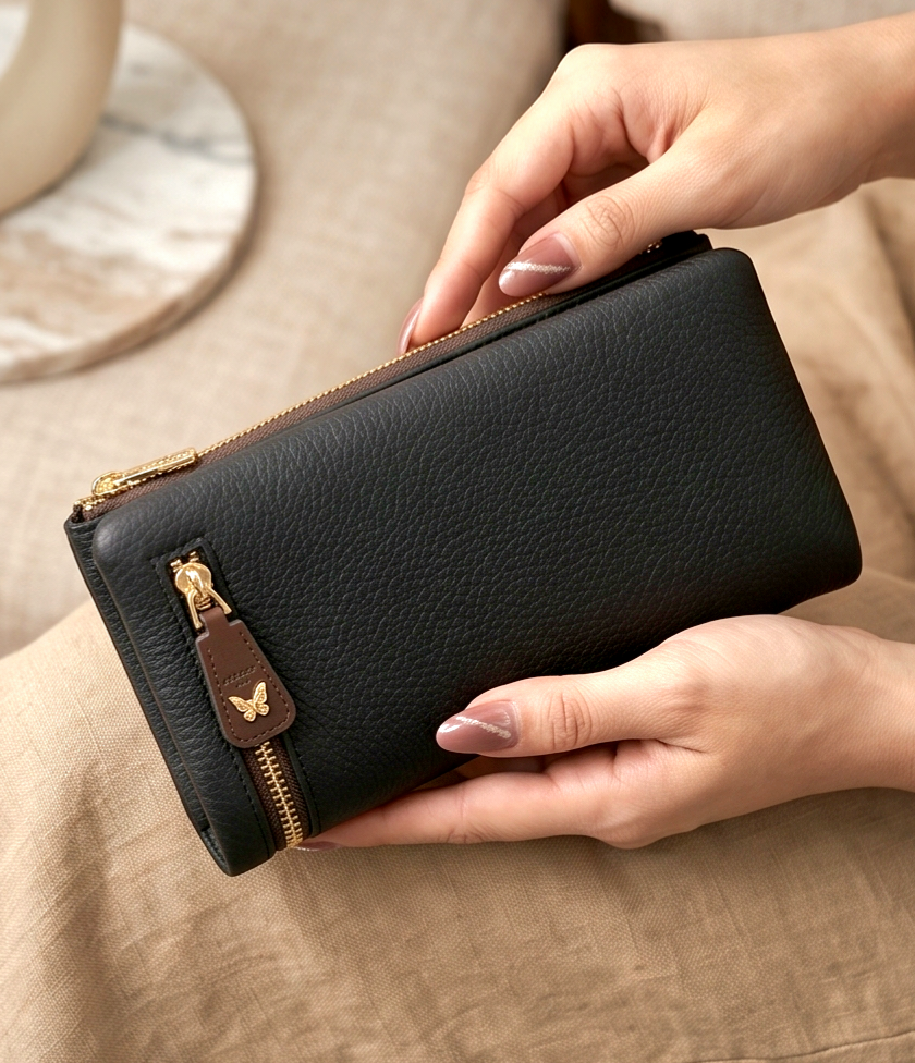 Monroe Lace multifunctional long wallet with multiple card slots and a sleek leather design on a neutral background.