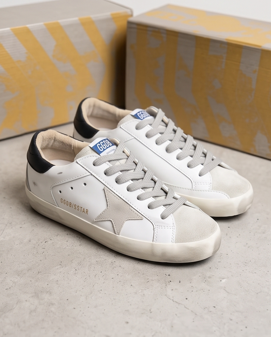Golden Goose Monroe Lace sneakers with white leather and gold accents, stylishly displayed on a neutral background.