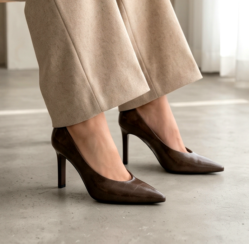 Brown Monroe Lace 9cm heel stiletto shoe with sleek pointed toe and elegant design, perfect for formal or stylish occasions.
