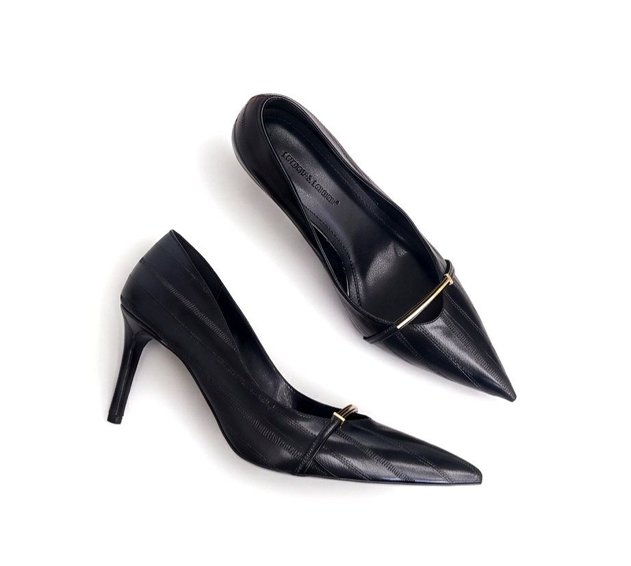 Black Monroe Lace dressy pumps with 8cm heels, featuring sleek design and pointed toes, perfect for formal occasions.