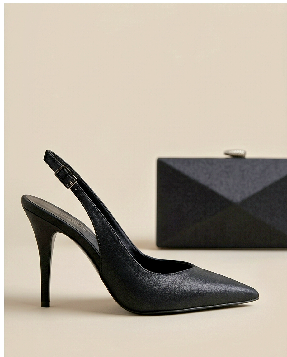 11cm heel shimmery black slingback