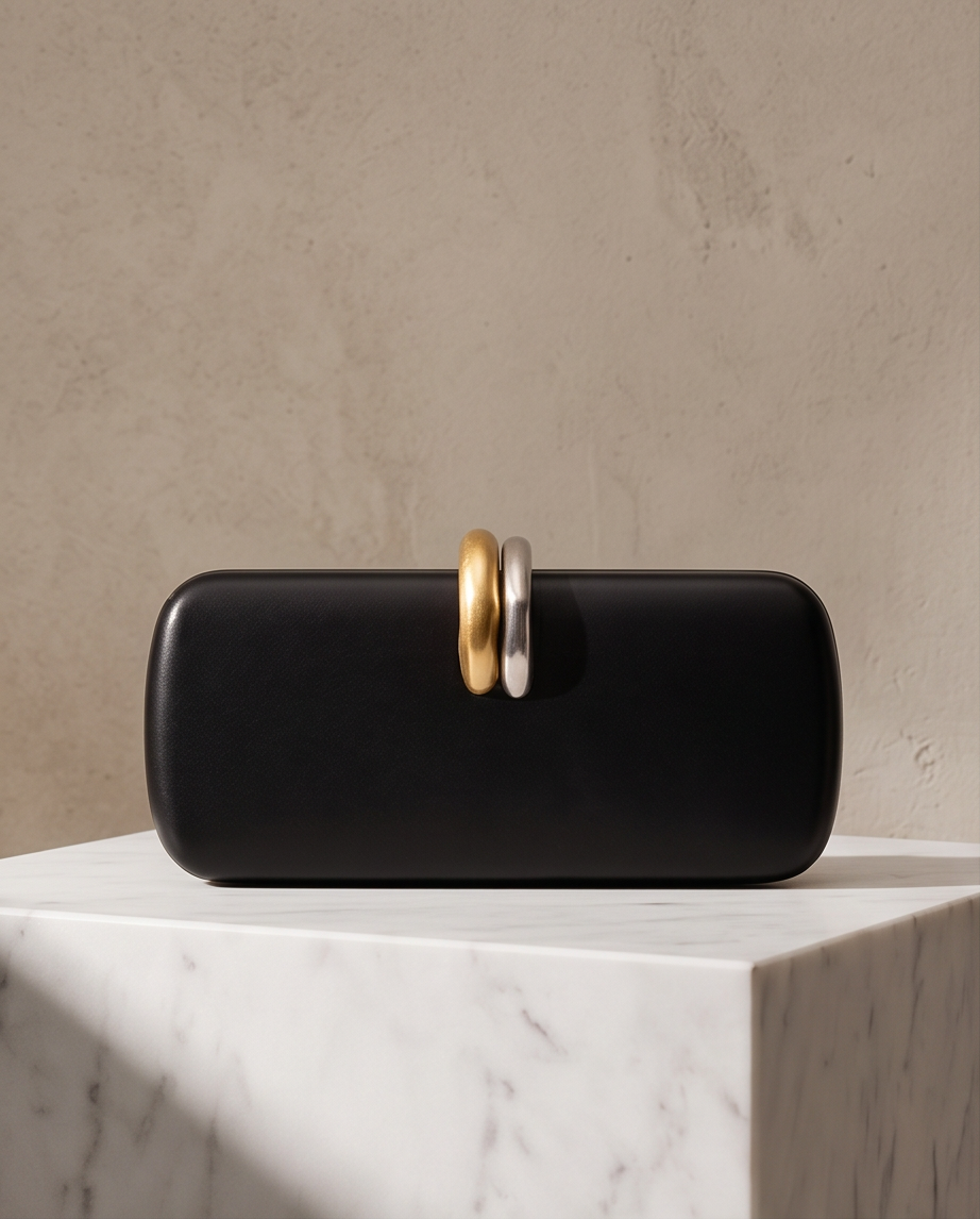 Black evening clutch by Monroe Lace, 24cm by 18cm, featuring a sleek design with a stylish closure and elegant texture.
