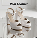 Pearl white platform sandals with 12cm heels by Monroe Lace, featuring elegant straps and a stylish, comfortable design.