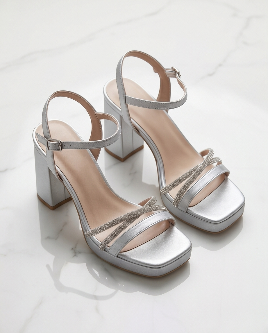 Silver platform sandals with 8.5cm heels from Monroe Lace, featuring stylish straps and a shiny metallic finish.