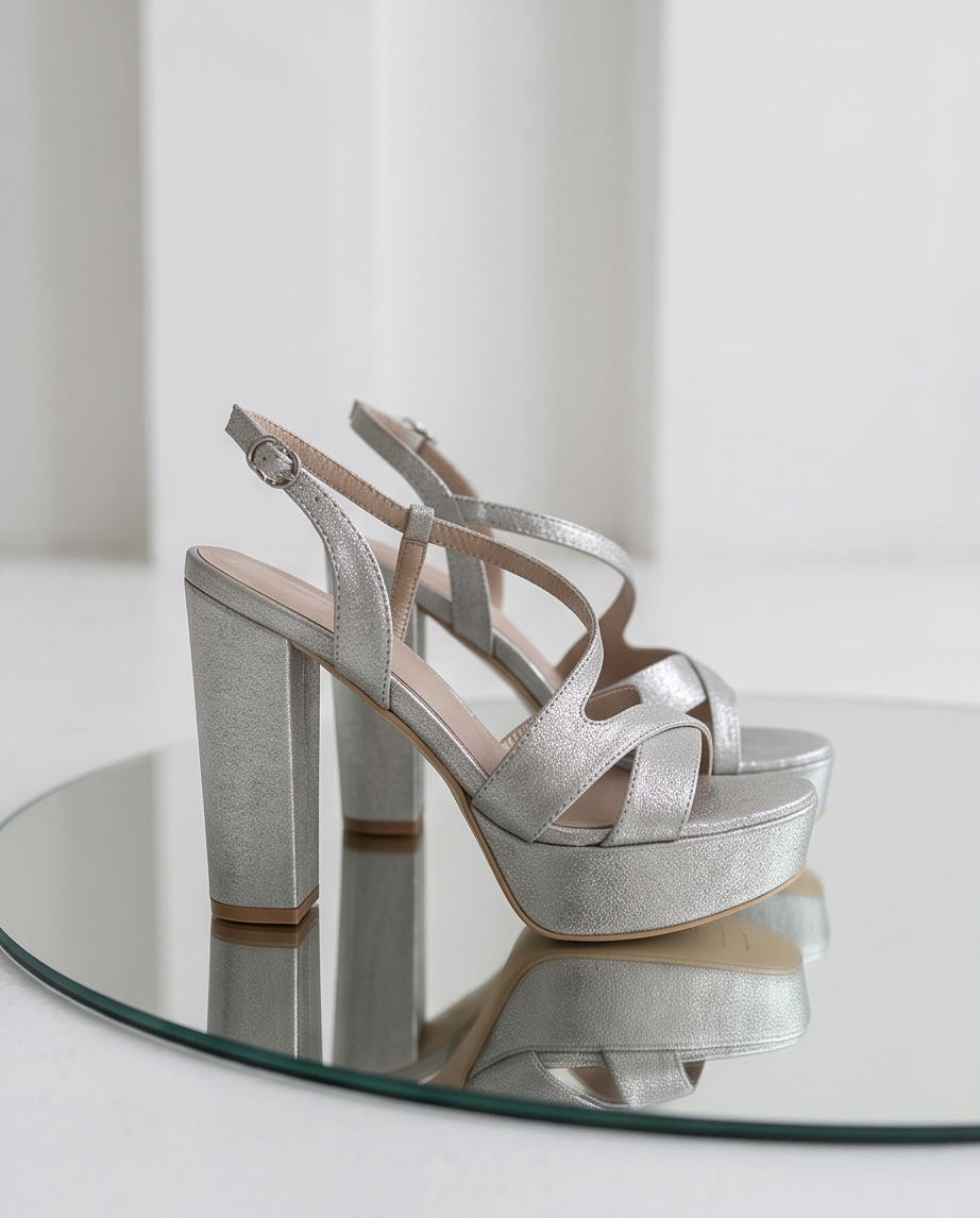 12.5cm heel shimmery silver platform sandals