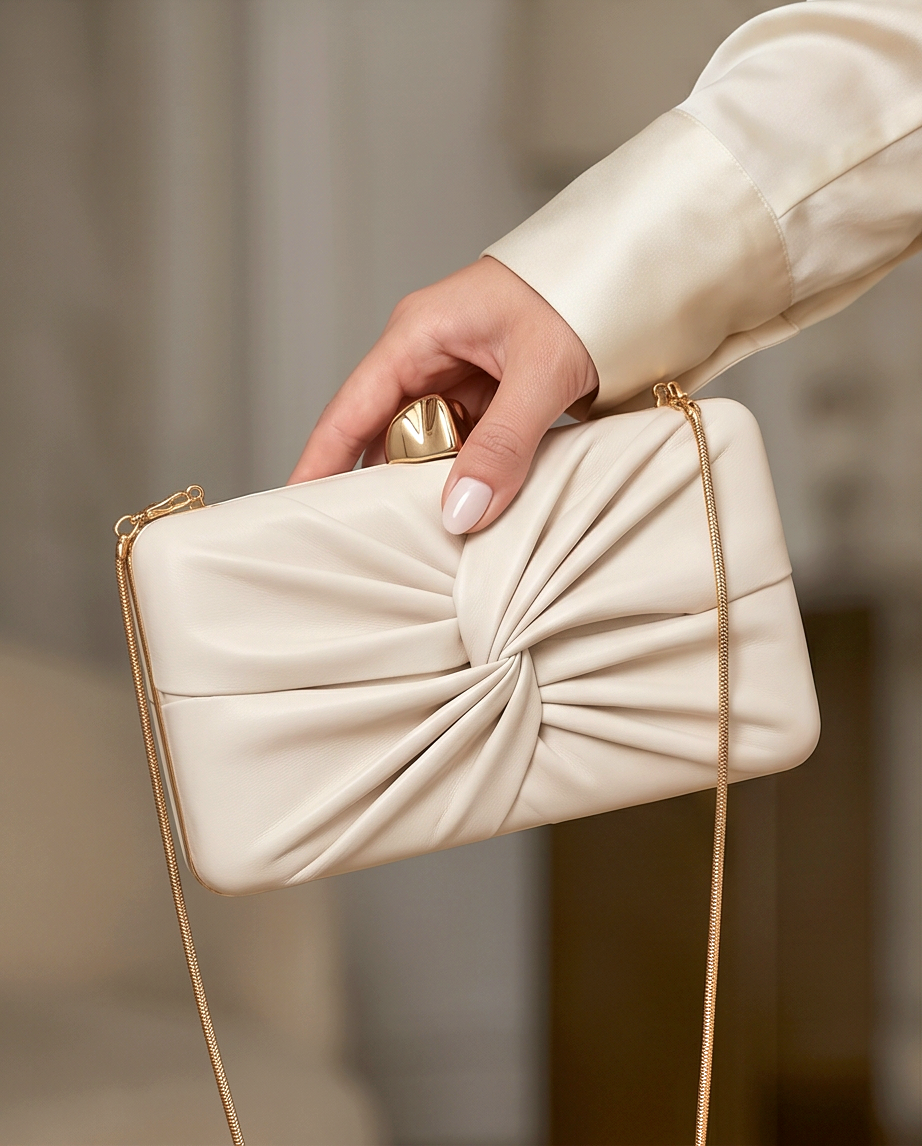 Pearl white leather evening clutch by Monroe Lace, 20cm by 10cm, with elegant design and smooth texture.