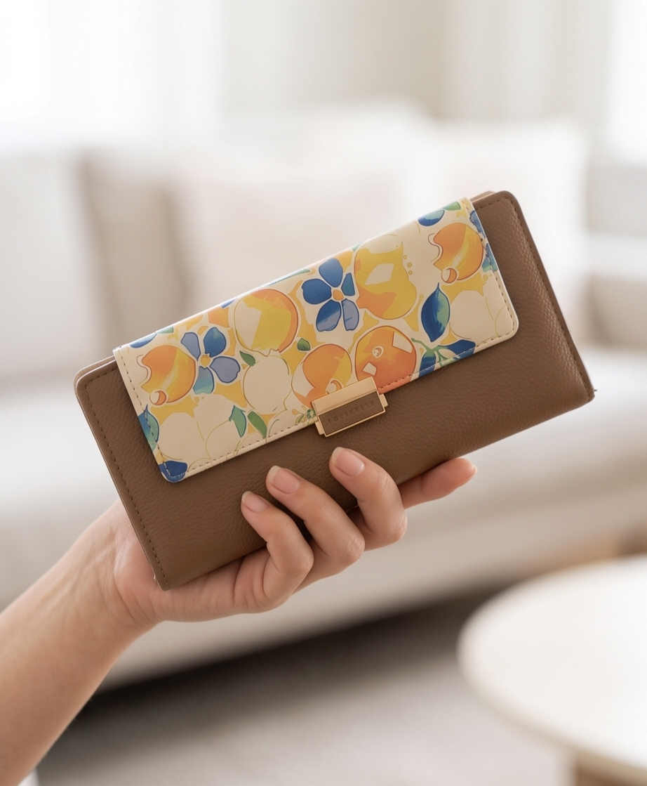 Monroe Lace floral flap wallet with colorful floral pattern, leather exterior, and secure snap closure.