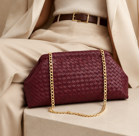 Burgundy Monroe Lace clutch bag with elegant design, featuring a sleek and compact style for evening or special occasions.