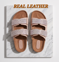 Real leather nude slides by Monroe Lace featuring open-toe design and cushioned footbed for stylish comfort.