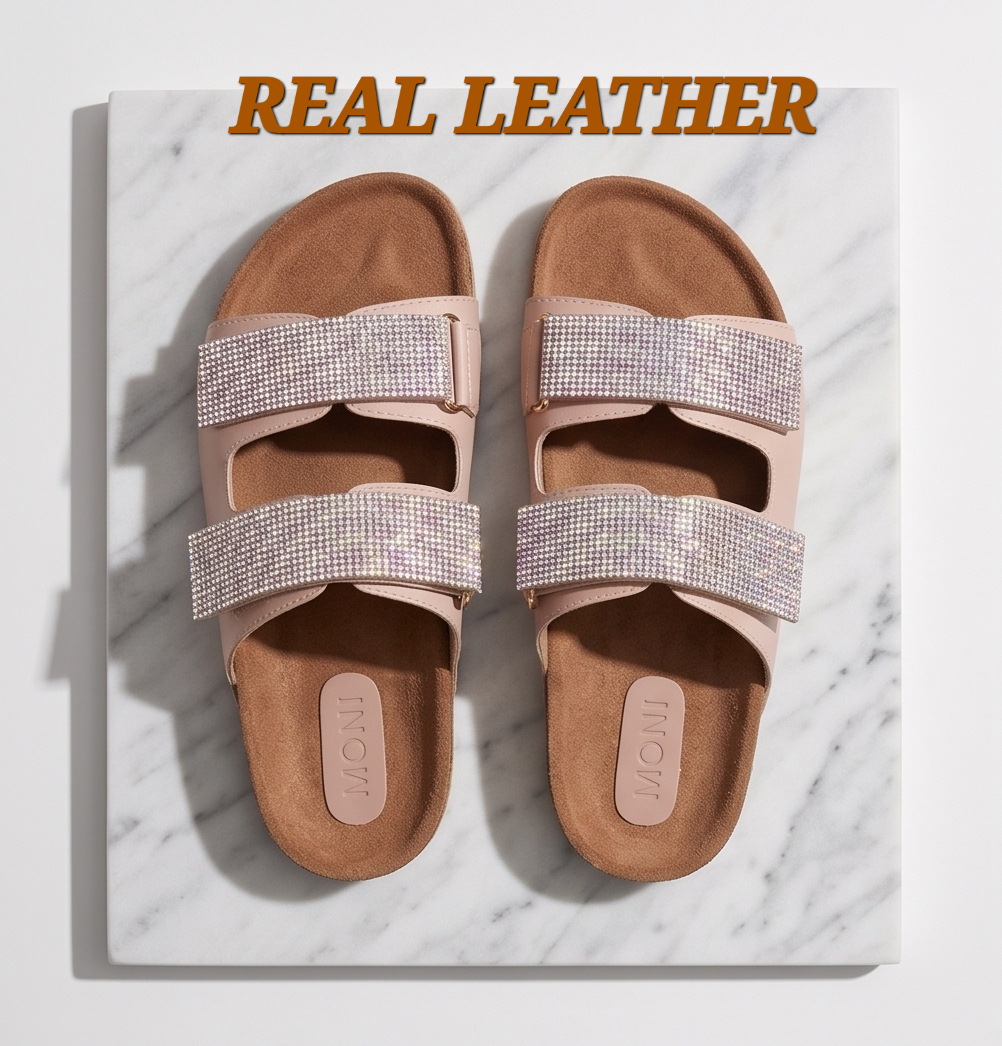 Real leather nude slides by Monroe Lace featuring open-toe design and cushioned footbed for stylish comfort.