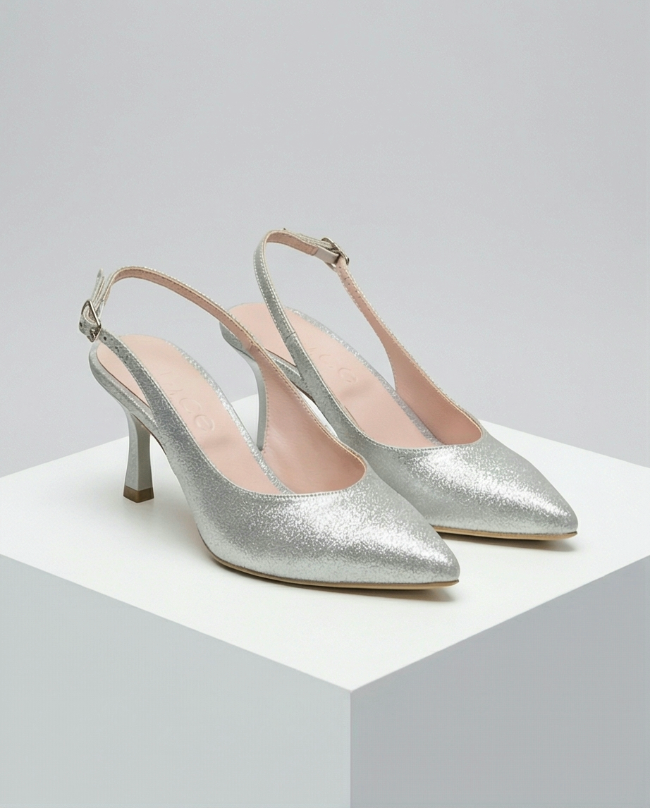 7cm heel shimmery silver slingback