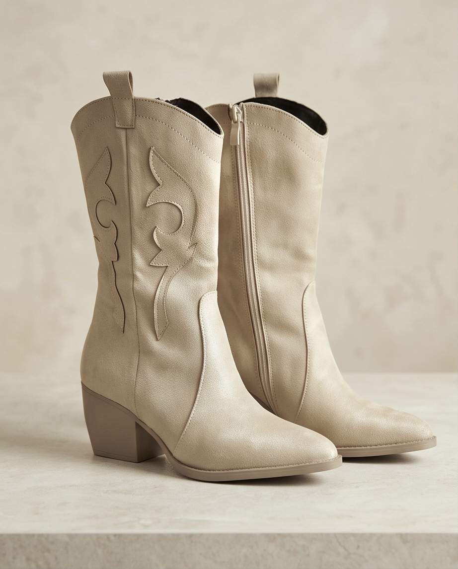 Monroe Lace Western suede boots with pointed toes and stacked heels, featuring classic Western stitching in a tan color.