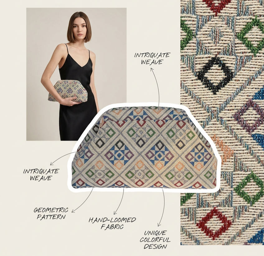 Woven Monroe Lace clutch bag with intricate pattern and zip closure, stylish accessory for evening or casual occasions.