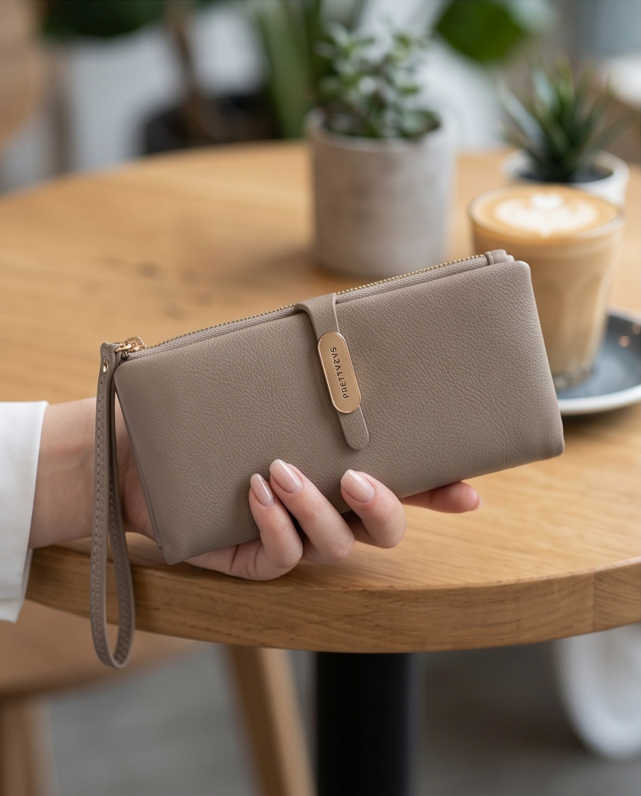 Long multifunctional wallet by Monroe Lace with multiple card slots and compartments, made of sleek leather material.