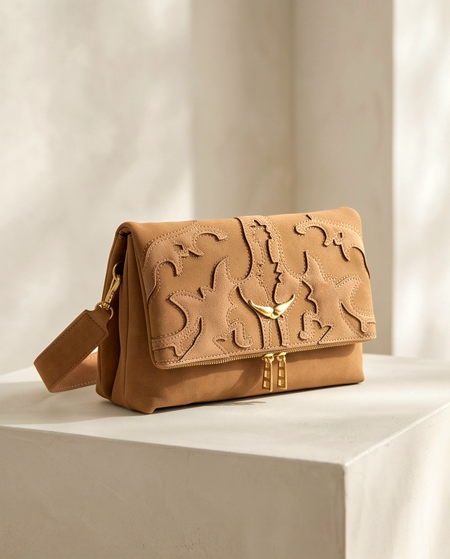 Medium-sized designer's bag by Monroe Lace, featuring a sleek leather exterior and elegant handle design.