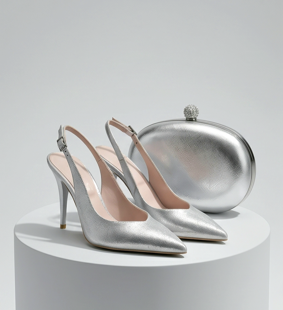 11cm heel shimmery silver slingback