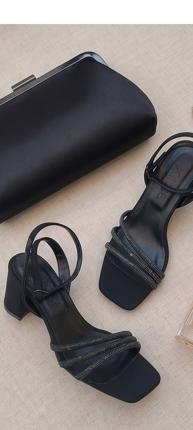 6.5cm heel black strass sandals