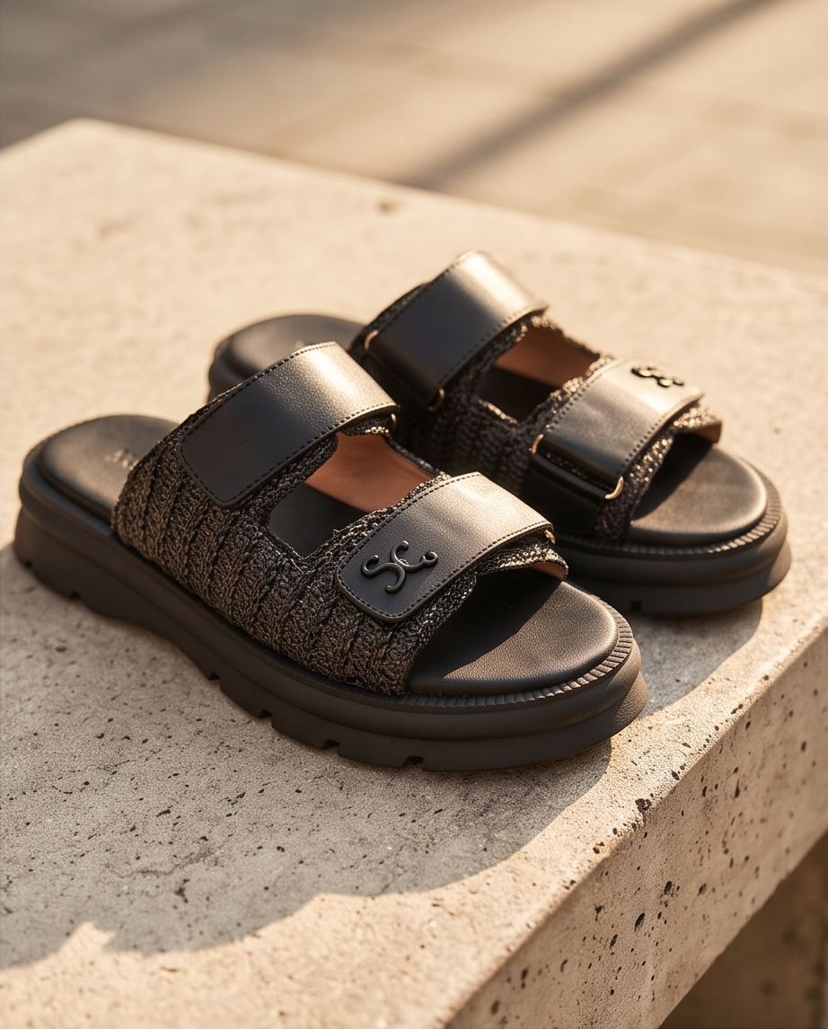 Real leather chunky slides by Monroe Lace featuring wide straps, comfortable design, and stylish footwear for casual wear.