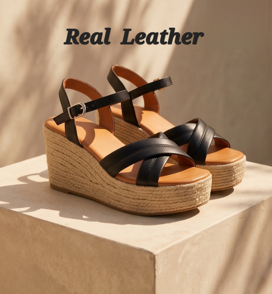 9cm height real leather Wedges