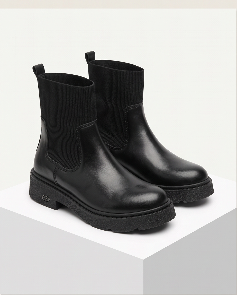 Monroe Lace chunky slip-on casual boots with a rugged leather upper and comfortable sole, ideal for everyday wear.