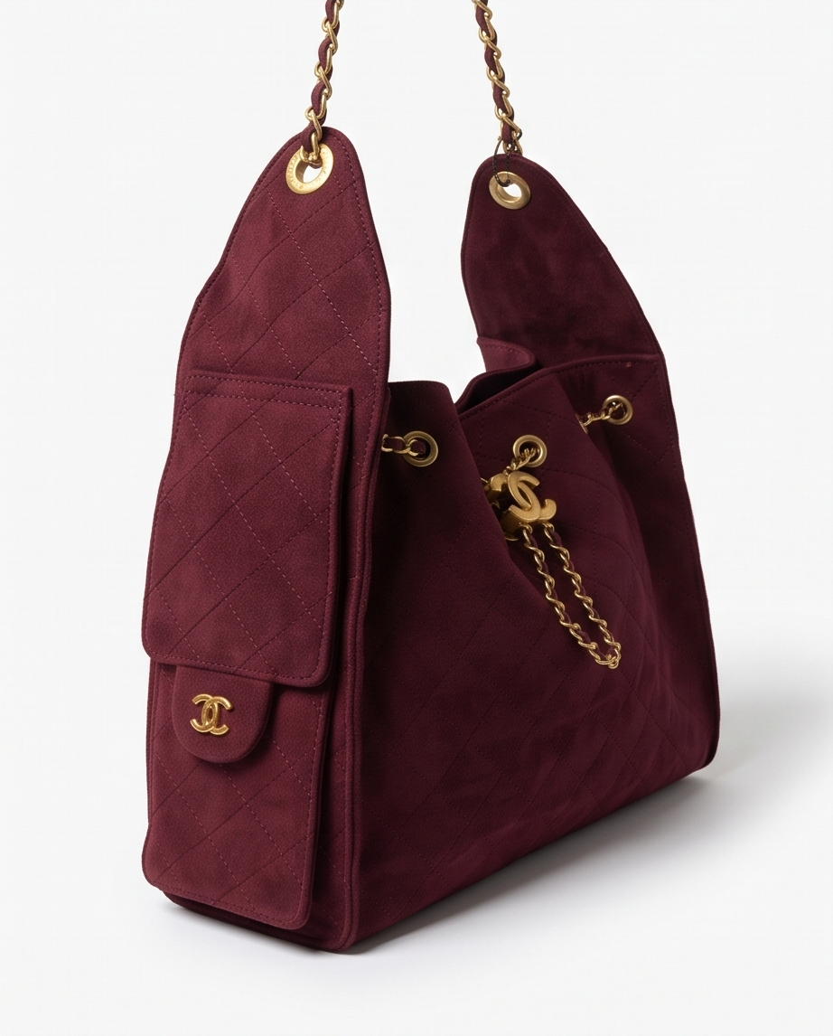 Suede designer's bag by Monroe Lace featuring a sleek, stylish design with gold accents and a spacious interior.